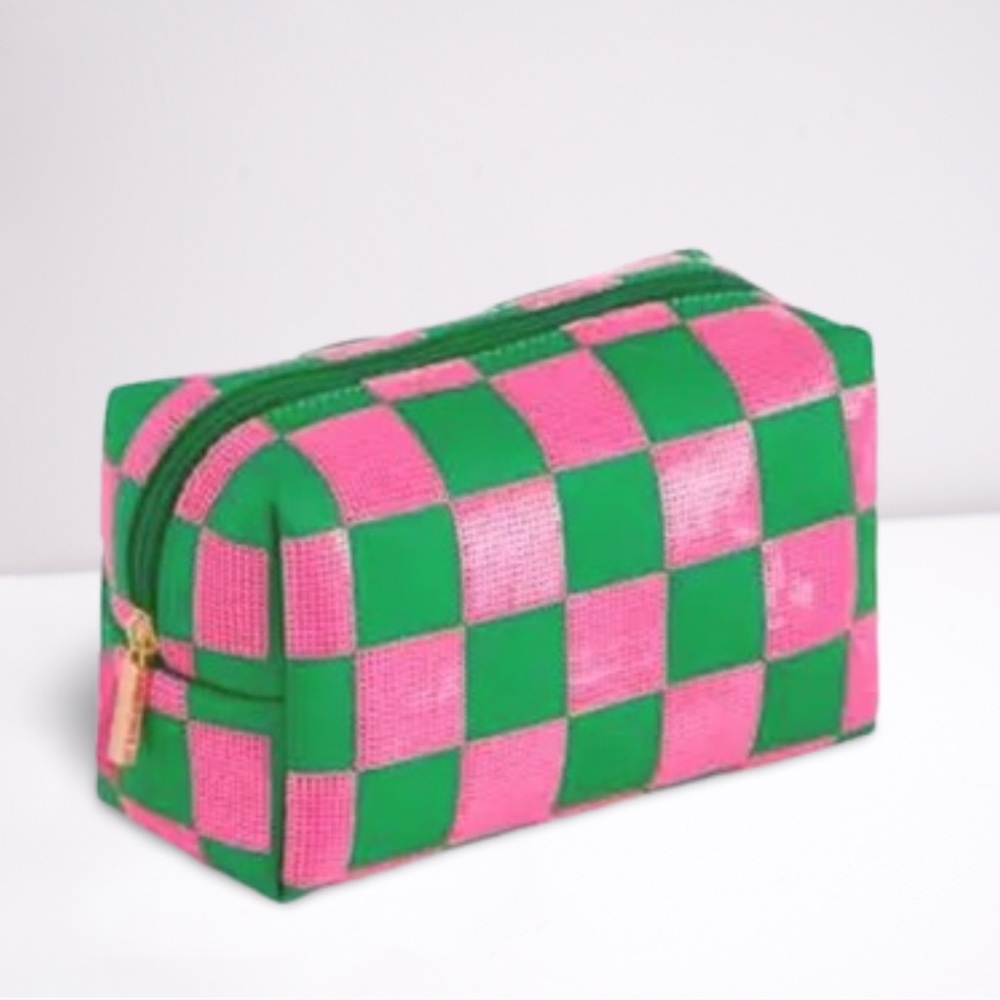Pink and Green Checkered Cosmetic Bag